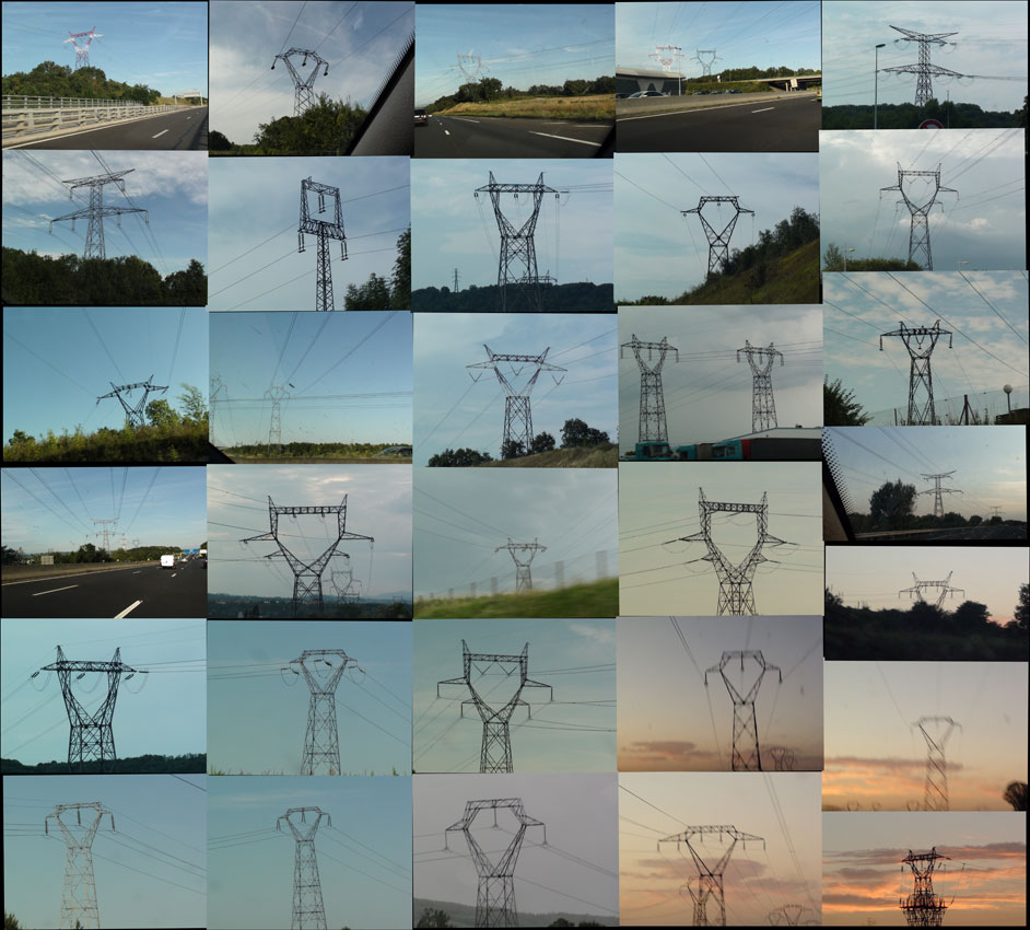 
Image compose de 31 vues de pylones prises au vol depuis une voiture roulant sur l'autoroute. On peut y voir une mtaphore de la diversit des personnes, toutes semblables, toutes diffrentes : chaque me est un jardin secret.