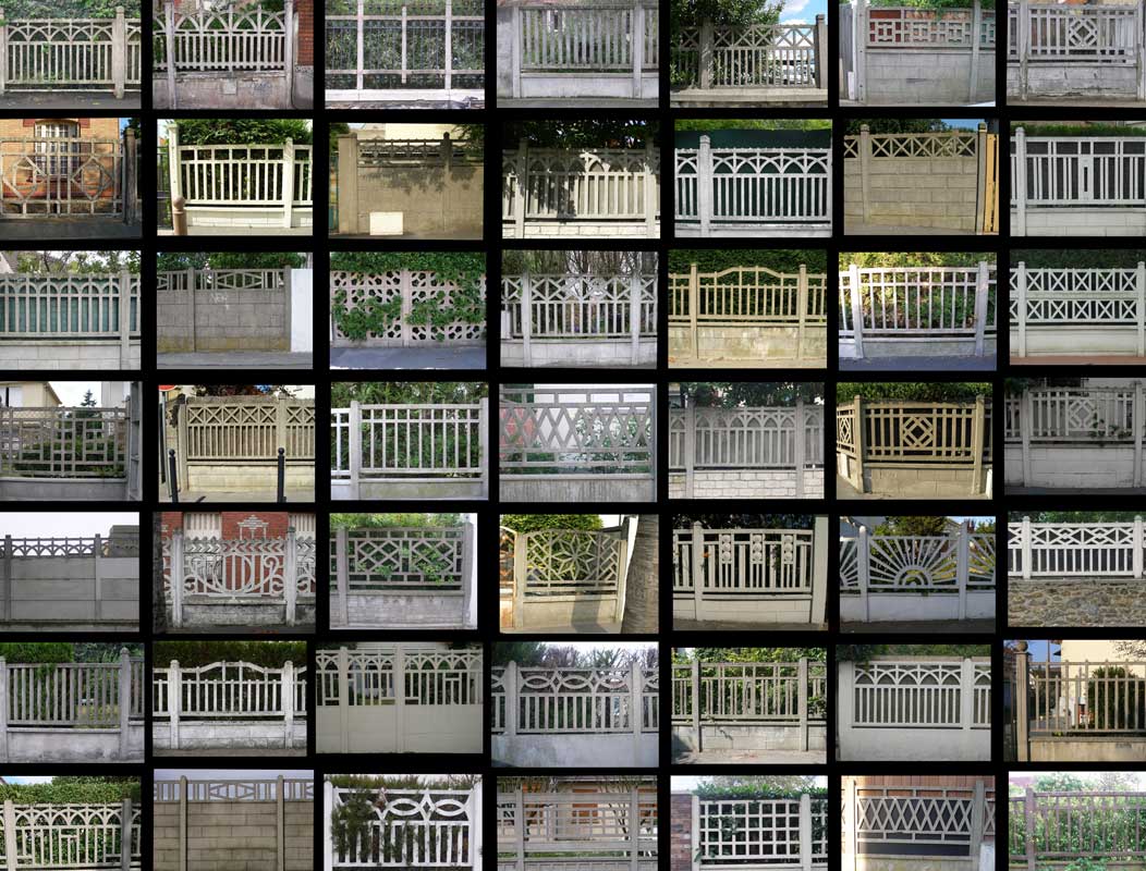 Image compose de 49 vues frontales de cltures de jardin de banlieue en ciment arm, toutes diffrentes. Variations sur un thme, diversit, inventivit dcorative. On peut y voir une mtaphore de la diversit des personnes, toutes semblables, toutes diffrentes : chaque me est un jardin secret.