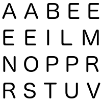 Des lettres capitales, comme un tirage : A A B E E E E I L M N O P P R R S T U V. Lien vers une vue complte de l'oeuvre.